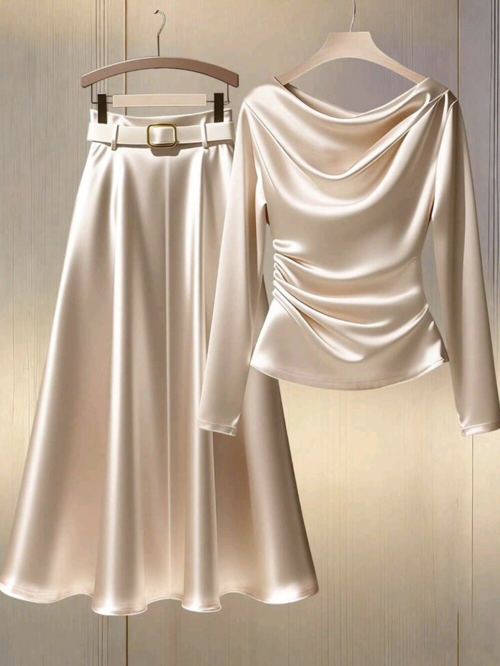 2pcs/Set Women's Casual Cowl Neck Fitted Long Sleeve Belted Outfit